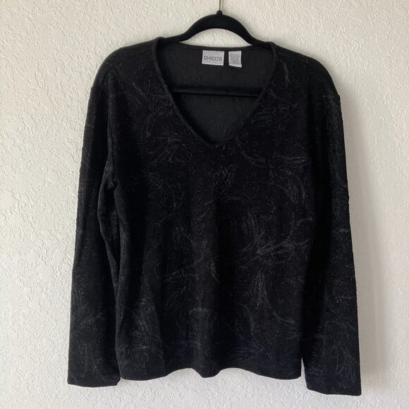 Chicos 2 Knit Shirt Top Sz Large Black Sparkly V Neck Long Sleeve Stretch - Picture 1 of 7
